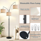 Dimmable Floor Lamp, 3 Lights Black Arc Floor Lamps for Living Room, Modern Tall Standing Tree Lamp with Linen Shade & Heavy Base, Large Floor Lamp for Bedroom Office, 3x1000 LM LED Bulbs Included