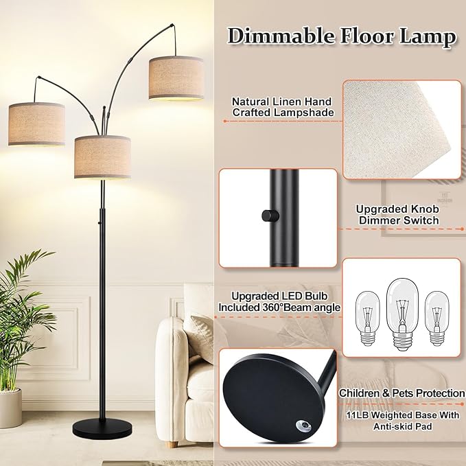 Dimmable Floor Lamp, 3 Lights Black Arc Floor Lamps for Living Room, Modern Tall Standing Tree Lamp with Linen Shade & Heavy Base, Large Floor Lamp for Bedroom Office, 3x1000 LM LED Bulbs Included