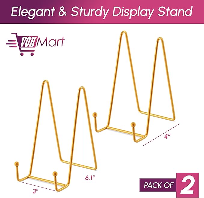 Plate Stands for Display - 2 Pack 6 Inch Gold Metal Frame holder stand for Book, Racks-Trendy & Sturdy Display Stand for Decorative Art Plate, Tablets, Recipe Book & Picture