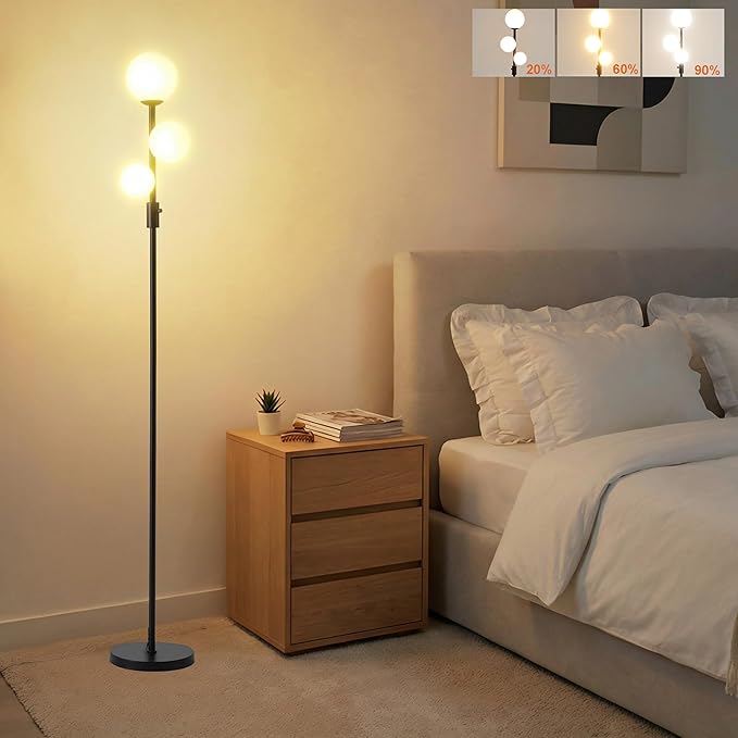 Fiqevs Upgraded Dimmable 3 Globe Mid Century Modern Floor Lamp, 3 x 3000K Warm Light LED Bulbs Included, Matt Black Standing Lamp with Sphere Glass Shade, Vintage Tall Lamp for Living Room, Bedroom