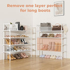 4 Tier Shoe Rack for Closet Shoe Organizer with 5 Hooks, Long Shoe Shelf Storage for Shoe and Boot Stackable Free Standing Shoe Rack for Entryway, Garage, Small Spaces, Dorm, White