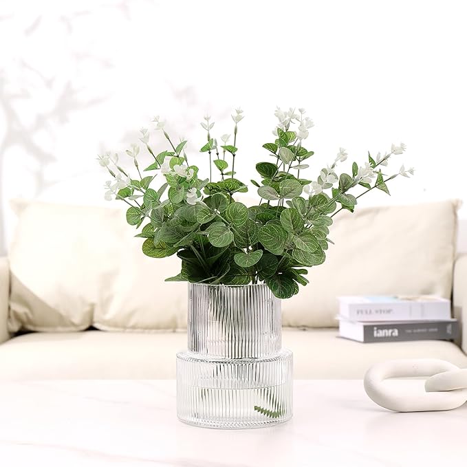 Ribbed Glass Vases, Set of 2 Fluted Vases for Flowers, Clear Glass Vase for Tulips, Modern Vase for Living Room, Kitchen, Office, Entryway, Mantle, Bookshelf, Wedding Gifts, Birthday