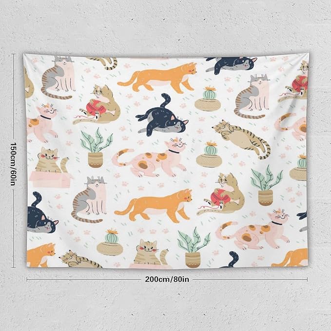 VUMIVI Cute Cat Tapestry Kids Hand-Painted Doodles Colorful Illustrations Potted Plants Paw Prints Tapestry Wall Hanging for Living Room Bedroom Dorm Classroom Aesthetic Decor W80xL60in