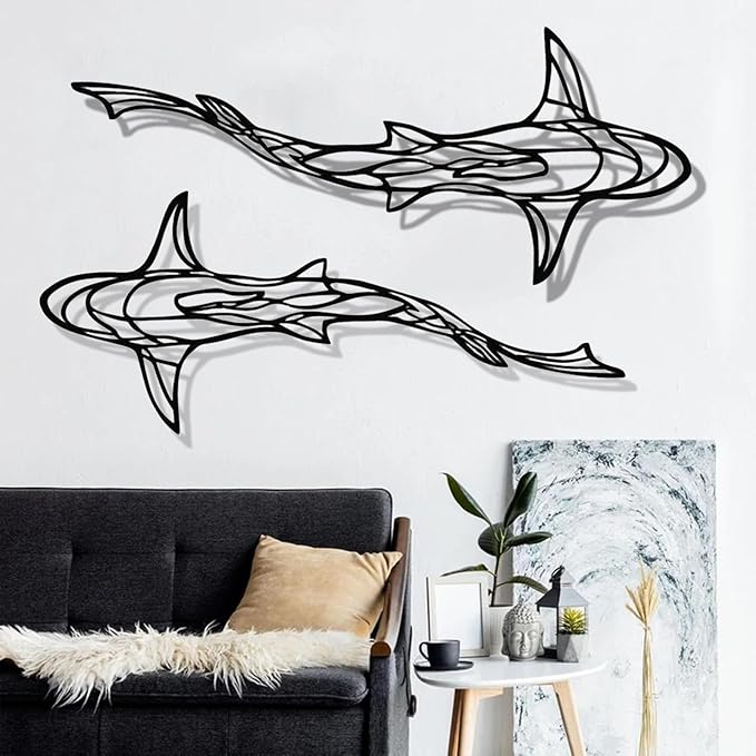 GDSPD Large 3D Metal Shark Wall Decor, Shark Line Wall Art, Metal Wall Art Decor, Metal Shark Sculpture, Ocean Fish Wall Hanging Shark Metal Wall Decor Art Wall Decorations for Living Room Bedroom (2 Pcs (Black))