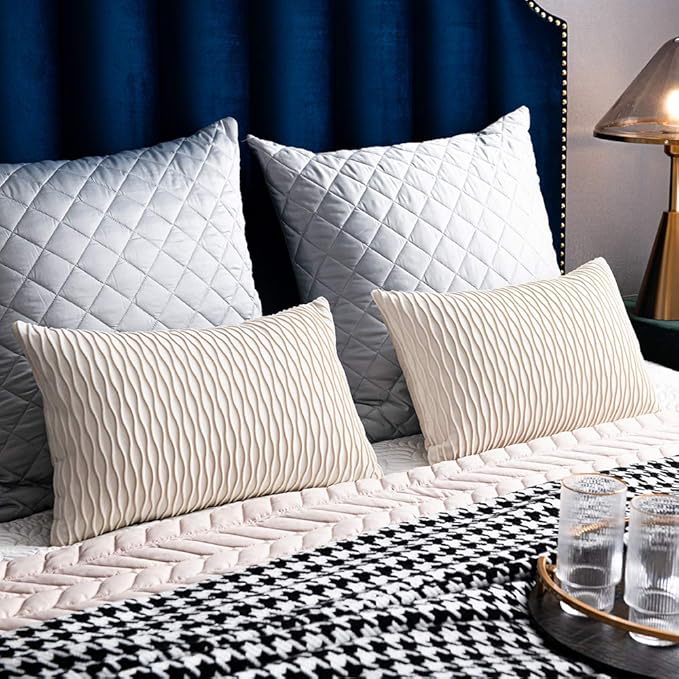Ivory White Couch Pillow Covers: 2 Pack 12x20 Inch Original Striped Velvet Rectangular Throw Pillow Cases for Farmhouse Home Decor