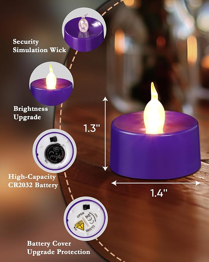 Purple LED Candles, 12 Pack Tea Lights Candles Battery Operated, Flameless Tealight Candle, Realistic Tea Lights for Halloween Christmas Party Decor Mardi Gras