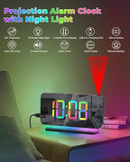 SZELAM Projection Alarm Clock, 7.4 in Digital Mirror Clocks,with 180° Rotatable Projector, RGB Night Light,USB C Charger Port, Auto Dimmer, LED Desk Clock for Bedroom - Black
