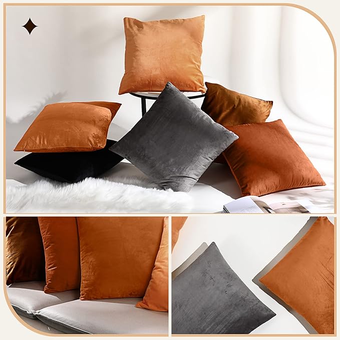 Pack of 6 Decorative Velvet Throw Pillow Covers Solid Square Soft Pillowcase Set Cushion Cases for Sofa Couch Bed Car Christmas Fall Home Decor 18 x 18 inch(Orange Color Scheme)