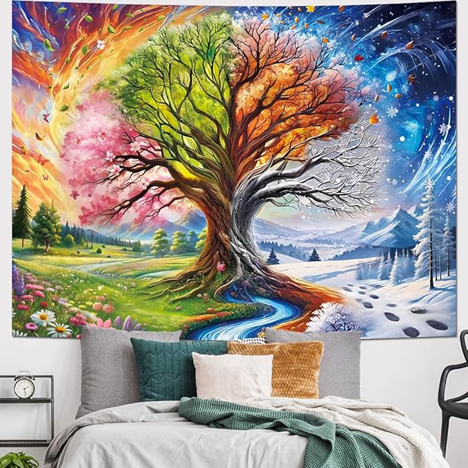 Dermijer Colorful Tree of Life Tapestry Four Seasons Trees Tapestrie Spring Flower Green Summer Autumn Leaves Winter Snowflake Magical Natural Landscape Wall Hanging for Home Decor L59.1×W51.2