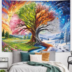 Dermijer Colorful Tree of Life Tapestry Four Seasons Trees Tapestrie Spring Flower Green Summer Autumn Leaves Winter Snowflake Magical Natural Landscape Wall Hanging for Home Decor L59.1×W51.2