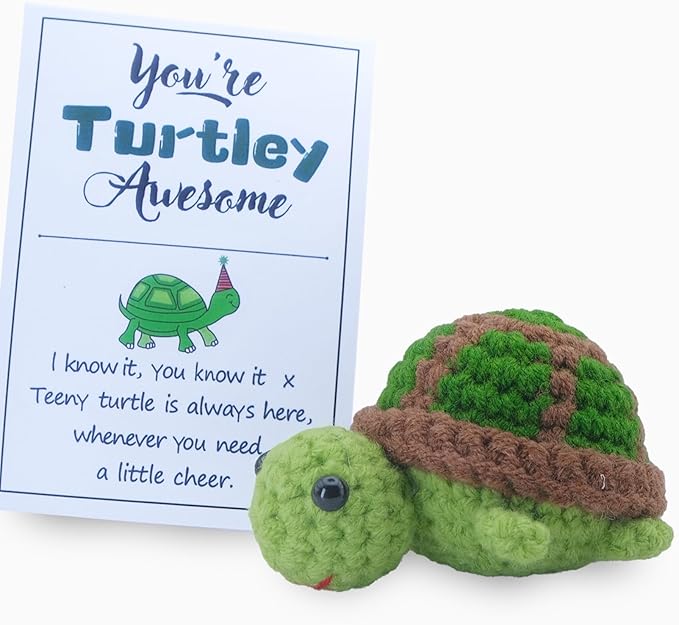 Handmade Funny Positive Turtle Crochet Birthday Gifts, 1.6inch high Sea Turtle with Positive Affirmation Card, Cute Home Office Car Decoration for Friends Coworkers, Inspirational Gifts Ornament