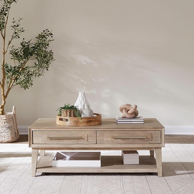 Liberty Furniture Brentwood Cocktail Table with Drawer Storage for Living Room - Sandstone Oak Wood