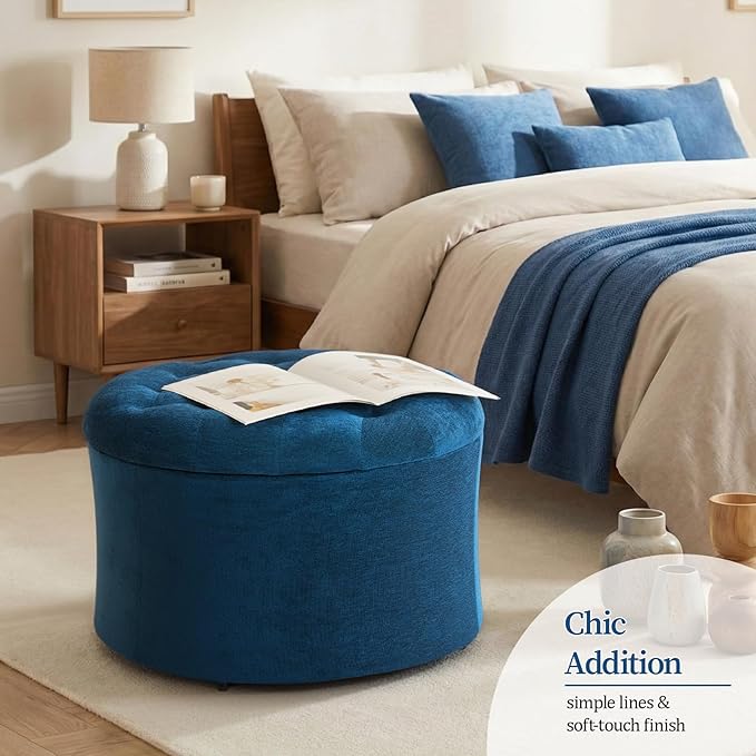 ONBRILL 25" Ottoman with Storage, Round Pouf Ottoman Foot Rest, Small Storage Foot Stool for Couch Bedroom Living Room, Books, Blankets & Kid's Toy Box, Load up to 220 lbs, Blue