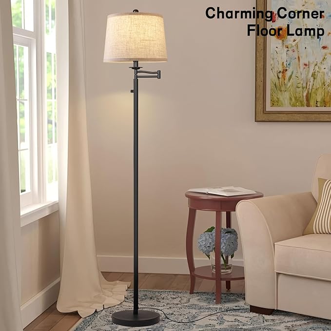 Dimmer LED Floor Lamp,Tall Standing Lamp with Swing Arm,Black Lamp with Dimmer LED Bulb,Elegant Floor Lamp for Living Rooms & Bedroom (Black)
