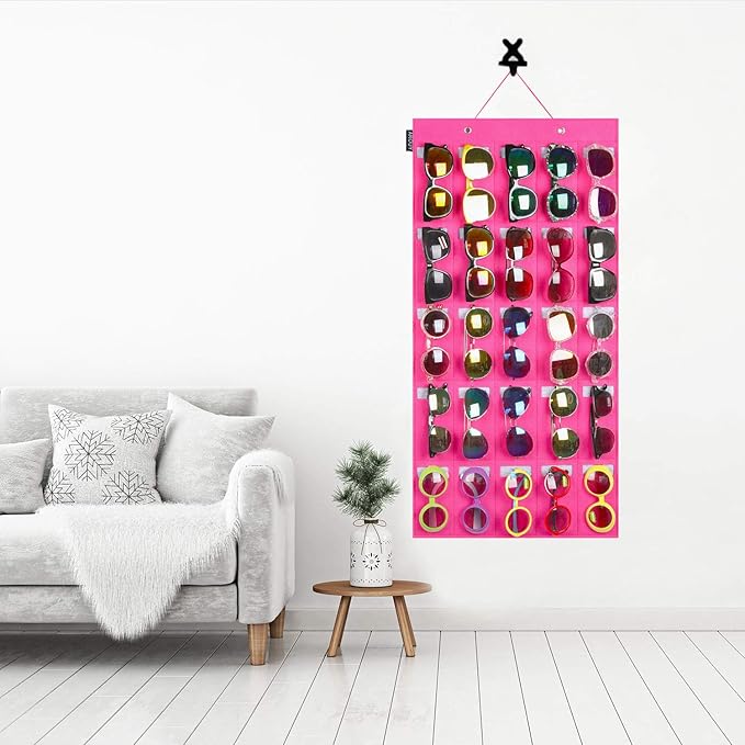 AROUY Sunglasses Organizer Storage, Hanging Wall Pocket Glasses Organizer - 25 Felt Slots Sunglass Organizers Holder Eyeglass Display with Sturdy Rope (Large, Rose)