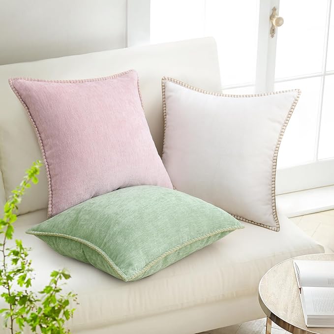 decorUhome Spring Chenille Soft Cozy Throw Pillow Covers 24x24 Set of 2, Modern Farmhouse Boho Velvet Decorative Euro Sham Pillow Cases with Stitched Edge for Couch Sofa Bed Home Decor, Cream White