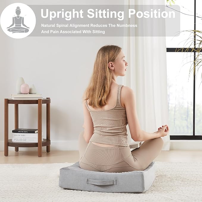 22 inches Floor Pillow for Adults - Large Meditation Cushion with Thick Foam & Soft Tufted Cover - Premium Outdoor Square Floor Cushion Seat - Yoga Pillows for Sitting On Floor - Light Gray
