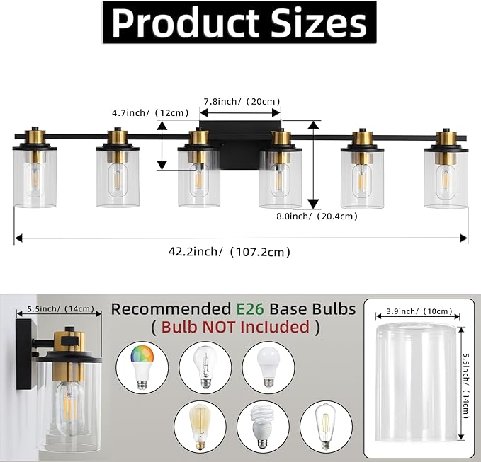 LOUSACE Bathroom Light Fixtures Black and Gold, 6 Light Bathroom Vanity Light, Modern Bathroom Light over Mirror with Clear Glass Shades, Brushed Gold Socket Wall Vanity Lighting Fixtures for Bathroom