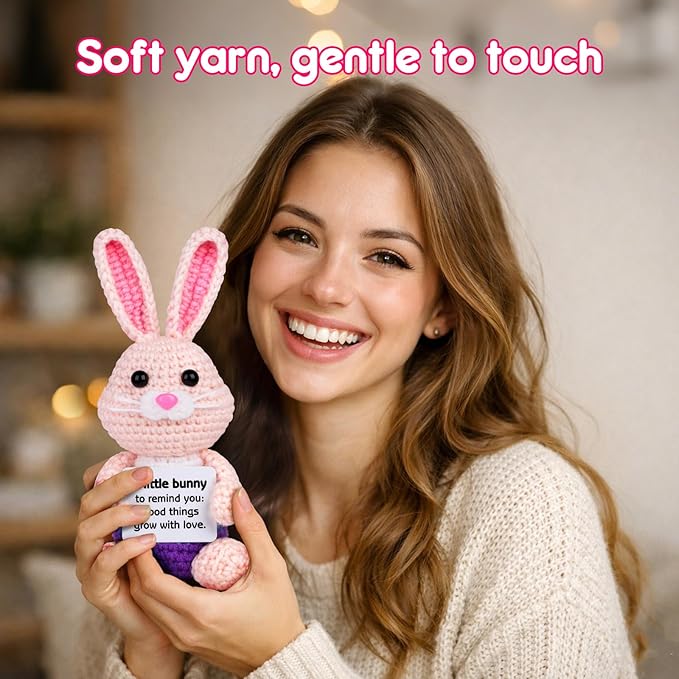 5 Pcs Finished Easter Positive Crochet Animals for Teen Girls & Adults Women, Handmade Filled Easter Basket with Crochet Bunny, Carrot, 2 Eggs, Easter Decoration Gifts Prefilled with Animal Stuffers