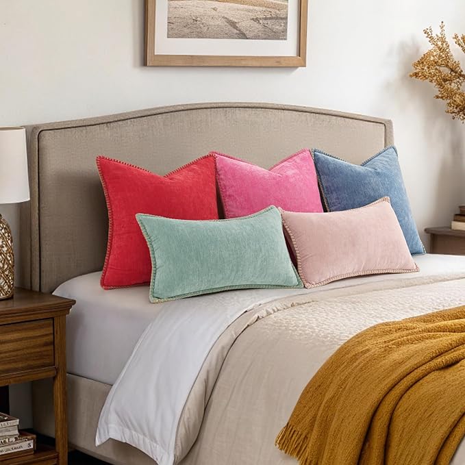 decorUhome Spring Chenille Soft Cozy Throw Pillow Covers 12x20 Set of 2, Modern Farmhouse Boho Velvet Decorative Pillow Cases with Stitched Edge for Couch Sofa Bed Home Decor, Christmas Red