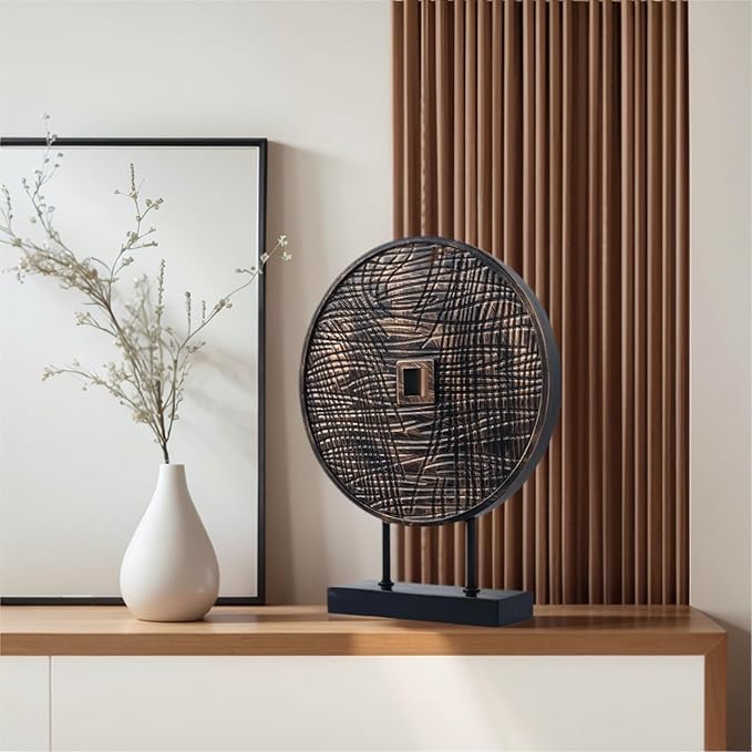 Unique Round Coin Sculpture Decorative Objects for Shelf Home Decor Accents, Modern Abstract Tabletop Decor Items for Living Room Fireplace Mantel, Above Cabinet (Black)
