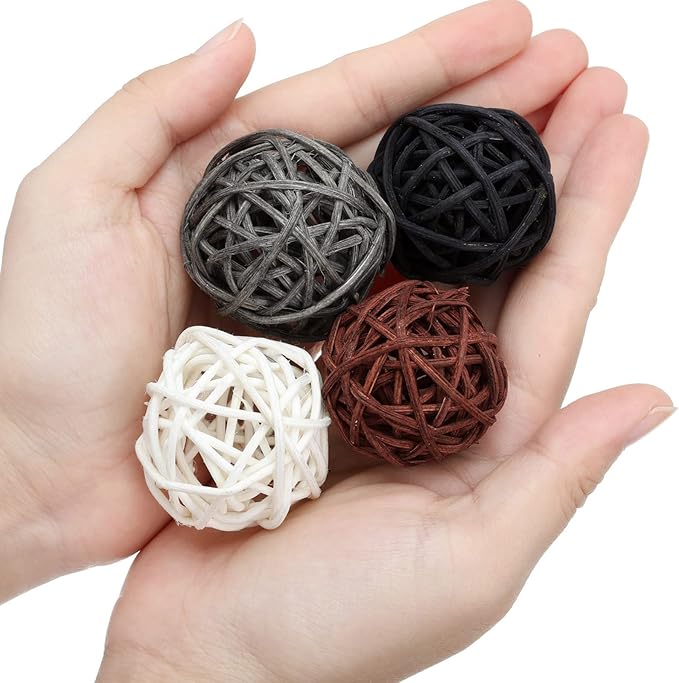 Patelai 72 Pcs Wicker Rattan Balls Decorative Balls for Vase Centerpiece Bowls Orbs Filler for Spring Summer Craft Home Decor, 4 Sizes(White, Dark Gray, Brown, Black)