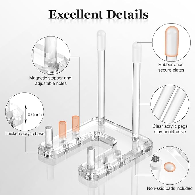 Plate Stands for Display, 2 Pack Clear Acrylic Display Easel with Adjustable Pegs for Decorative Plate, Books, Records, Plaque, Picture Frame, Platter Tabletop Art