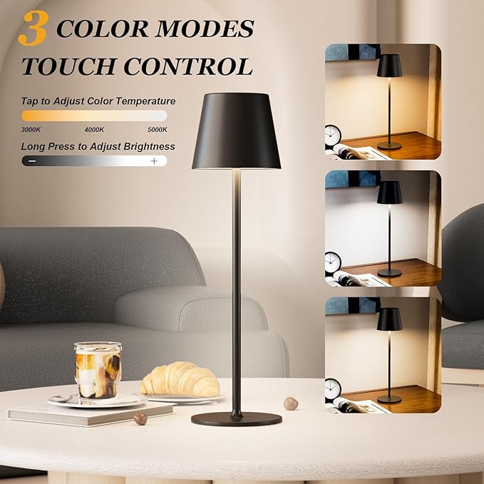 Kakanuo Black Cordless Table Lamp Rechargeable - KK 1 Pack 5000mAH Battery Operated Lamp for Counter, 3 Color Stepless Dimming Wireless Lamps for Dining Kitchen, Outdoor Patio, Touch Control