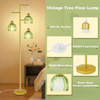 Tree Floor Lamp with 3 Light Bulbs, Vintage 3 Heads Flower Floor Lamp, Tall Gold Vintage Lamps with Brass Base Foot Switch, Boho Standing Lamps for Living Room with Green Glass Flower Shades
