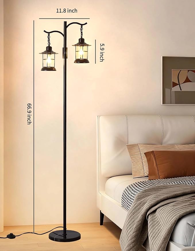 Industrial,Vintage Dimmable Floor Lamp,2 Classical Lanterns Standing Lamp, Rustic Farmhouse Floor Lamp with Black Finish