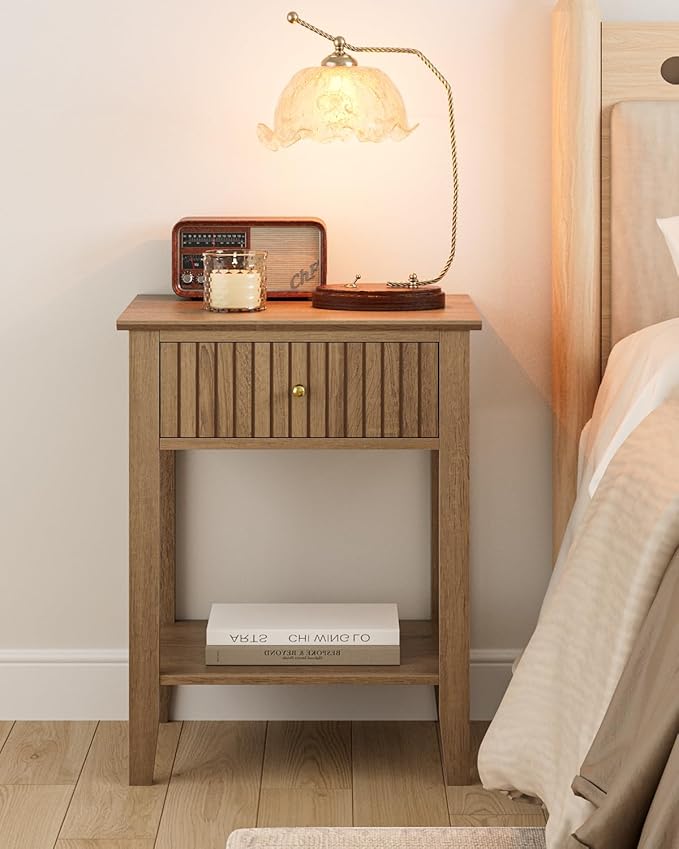 Fluted Nightstand, Farmhouse Night Stand with 1 Drawers, Mid Century Modern Side Accent Table,Bedside End Table for Bedroom, Living Room, Natural