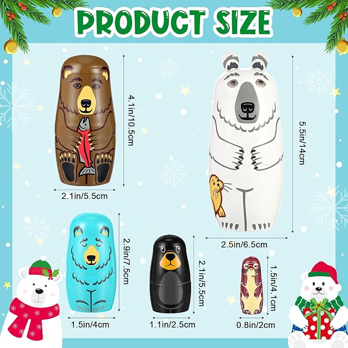 Gejoy Russian Nesting Dolls for Kids Handmade Matryoshka Wooden Stacking Toys Nesting Dolls Collectible Gifts for Winter Christmas Holiday Present Boys Girls Adults Home Decor(Bear Animal)