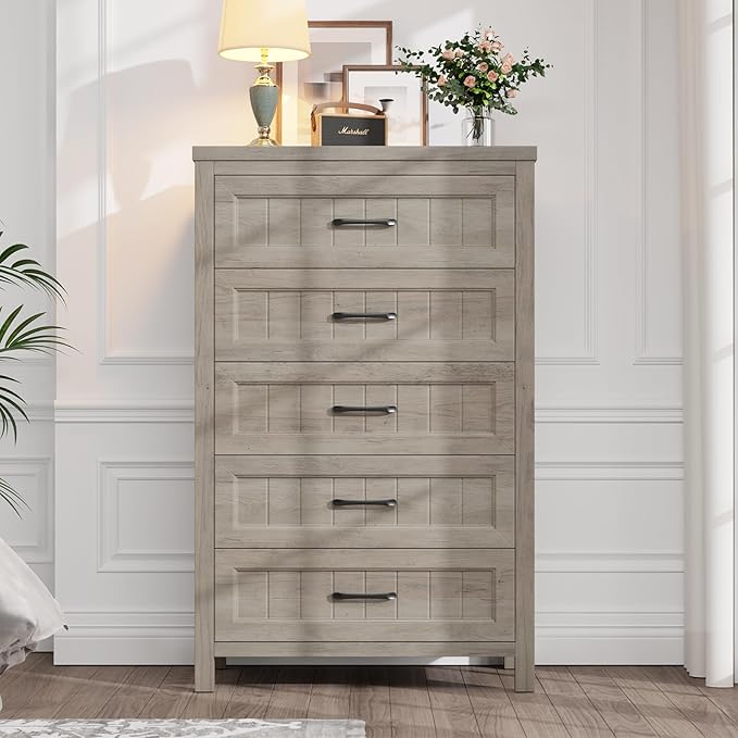 5 Drawer Dresser for Bedroom - Farmhouse 44.9" Tall Chest of Dresser with Large Storage, Rubst Wood Construction for Living Room, Hallway & Entryway - Gray
