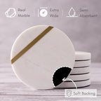 Cork & Mill Marble Coasters Set of 6 - Luxury Aesthetic Modern Decor for Coffee Table- White Marble with Gold Brass Inlay - Real Natural Semi Absorbent Stone Coasters