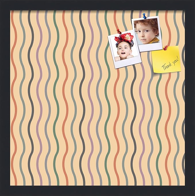 PinPix 17x17 Inch Cork Bulletin Board. This Decorative Framed Pin Board Comes with Multi Color Waves Design and a Satin Black Frame. Ideal for Home Office Decor or Message Board (PinPix-565)