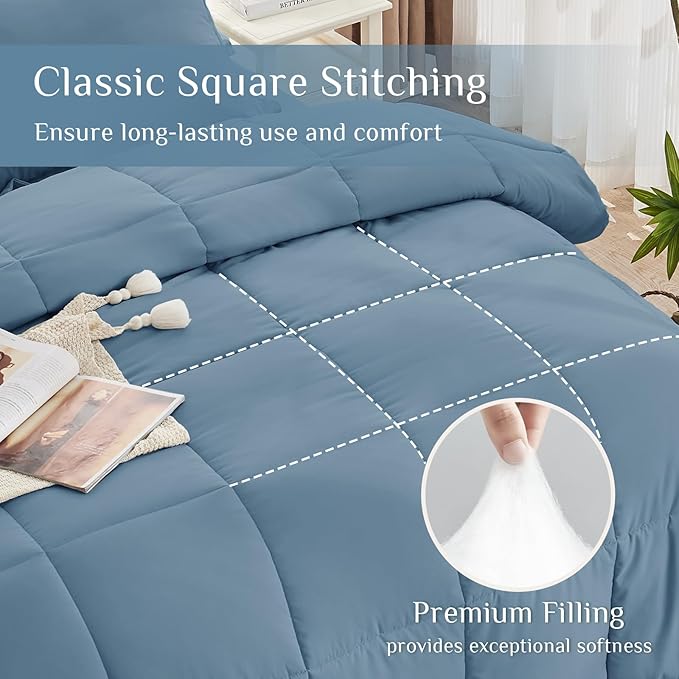 JOLLYVOGUE Queen Comforter Set, Ultra-Soft Bed in a Bag Queen Size 7 Pieces, Oeko-TEX Certified Bedding Set with Down Alternative Comforter, Sheets, Pillowcases & Shams, Dusty Blue