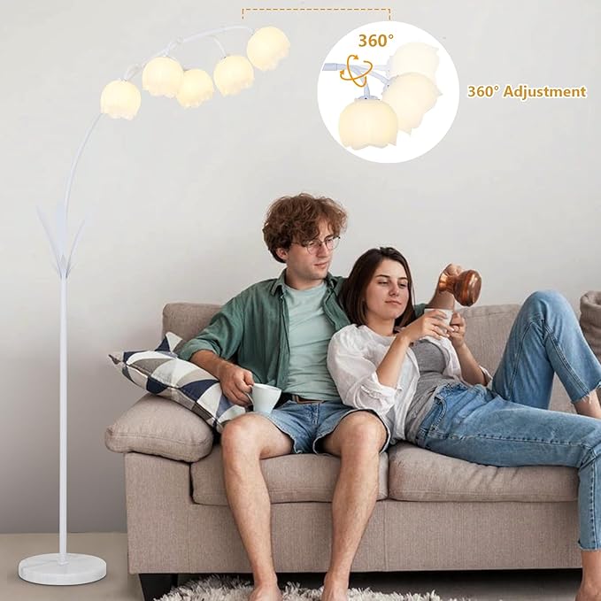 HMVPL White Floral Floor Lamp, Cute Flower Standing Lamp for Bedroom, Modern Tall Lamp with 5 G9 LED Bulbs, Foot Switch, Acrylic Shade, Curved Floor Lamp for Living Room Corner Bedside Kids Home Decor