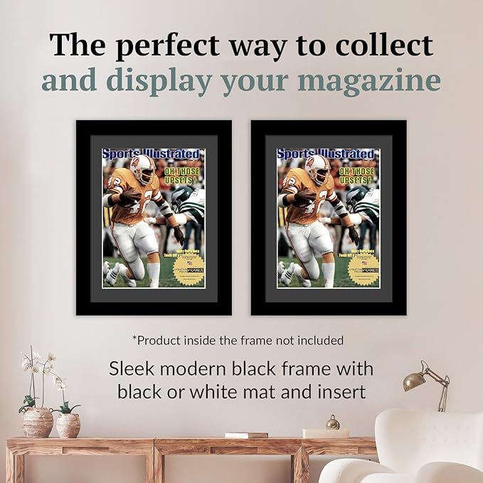 Creative Picture Frames 8 x 10.75 Magazine Frame with Full-Strength Glass, Holds Up To A 1/4" Thick Media with Installed Hangers for Easy Mounting, 10x12 Manhattan Black Frame with Black Mat