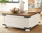 Signature Design by Ashley Wystfield Farmhouse Coffee Table with Storage, Hinged Lift Top, Wood, 36" W x 36" D x 18" H, Distressed White