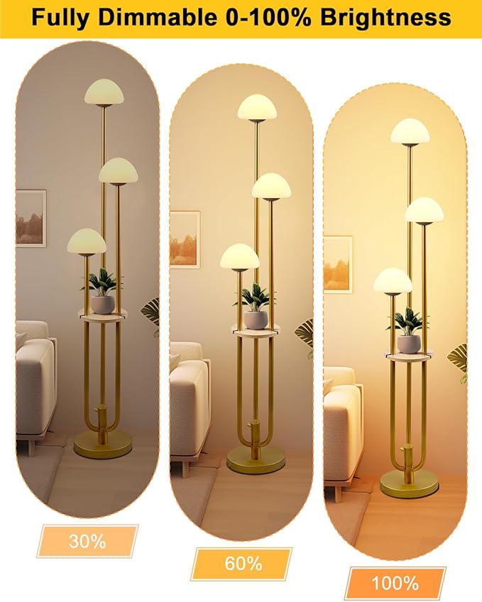 Lightdot Gold Dimmable Floor Lamp with Table, Modern Floor Lamps for Living Room, 3000K Warm Lights Tall Standing Lamp with Mushroom Shades & Bulbs Included for Bedroom/Sofa Beside/Corner Decor