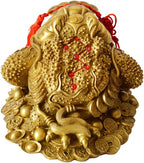 Brass Feng Shui Money Frog Three Legged Wealth Traditional Frog Money Toad Statue with Set of 5 Lucky Charm Ancient Coins on Red String Home Car Fengshui Decor (B1 Money Frog)