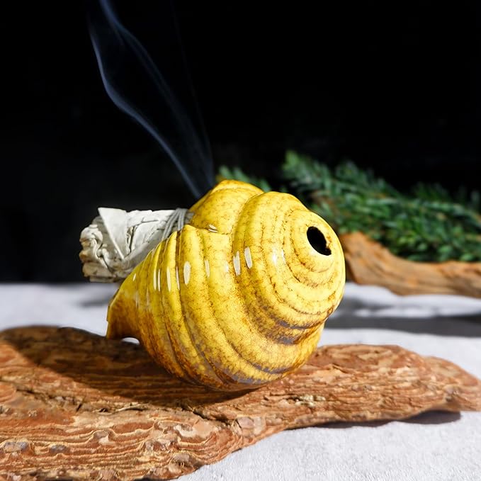 Yellow Ceramic Conch Palo Santo Holder - Mini Chimney Incense Burner, Tabletop Smudge Bowl Compatible with Sage/Sticks/Cones/Copal,for Yoga、Zen Meditation、Witchcraft, Ideal Altar Decor Gift