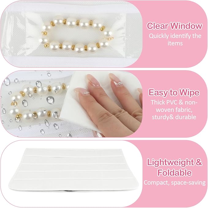 Hanging Jewelry Organizer for Closet with Swiveling Hanger, 17 x 30 In, 80 Clear Pockets Jewelry Organizer Hanging for Jewelries, Earrings, Accessories (Beige) (2, White)