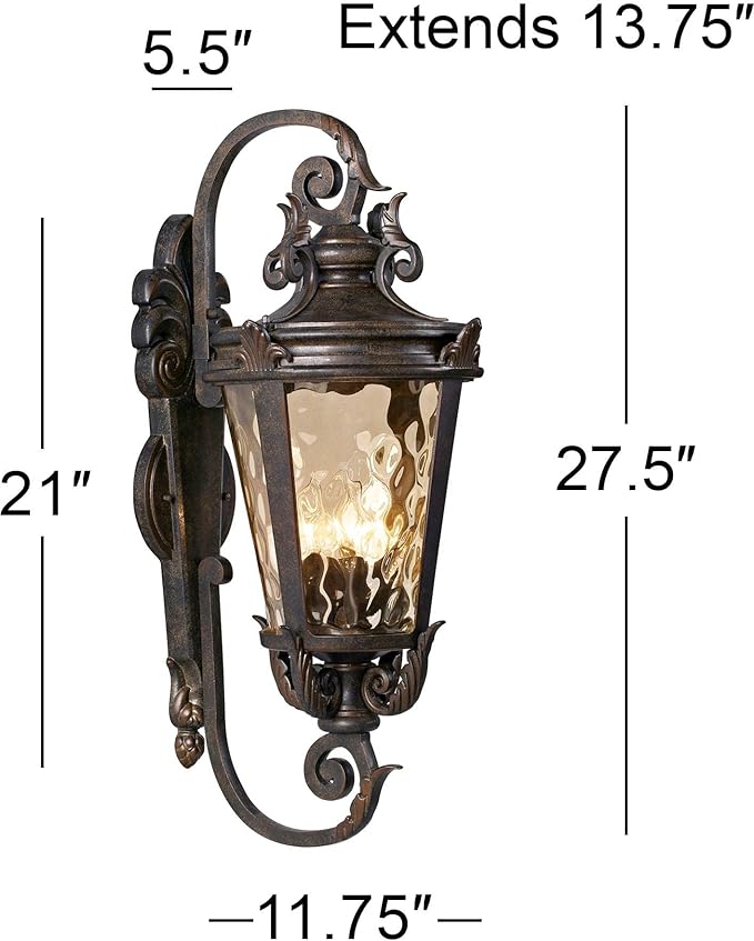John Timberland Casa Marseille Rustic Industrial Outdoor Wall Light Fixture Warm Bronze Scroll 27 1/2" Hammered Glass for Exterior House Porch Patio Outside Deck Garage Yard Front Door Garden Home