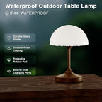 Mushroom Lamp Cordless Lamp Table Lamp,Outdoor Waterproof Shower Lamps,5000mAh Rechargeble Battery Operated Dimmable Touch Desk Lamps,LED Night Light for Bathroom Patio Camping Outdoor/Walnut