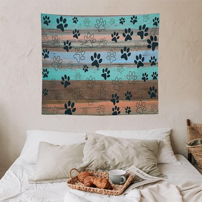 VUMIVI Dog Paw Print Tapestry Rustic Farmhouse Vintage Wood Paneling Home Decor Tapestry Wall Hanging for Living Room Bedroom Dorm Classroom Aesthetic Decor W60xL50in