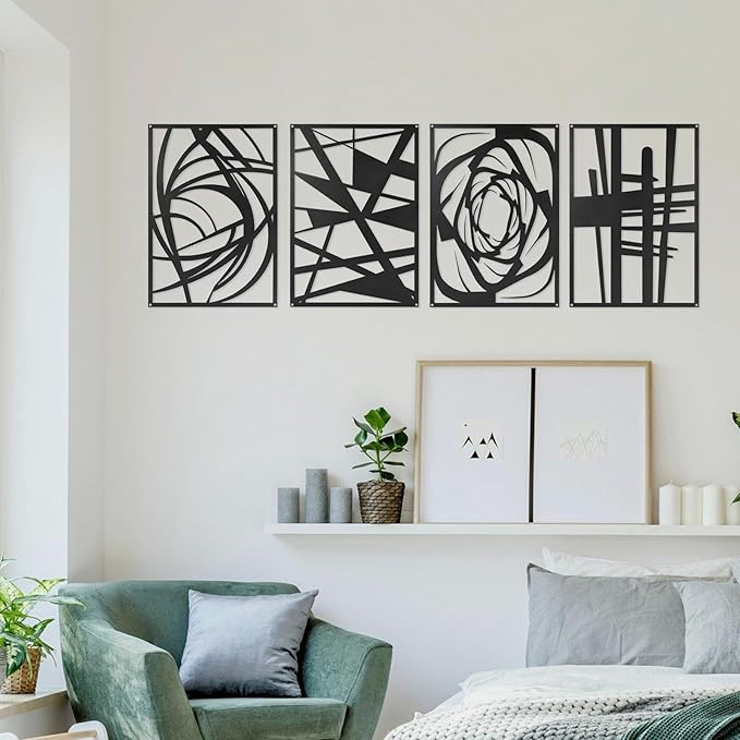 4 Pieces Black Abstract Metal Wall Art, Modern Minimalist Matte Wall Decor, 3D Textured Wall Sculptures, Black and White Wall Art for Living Room Bedroom Bathroom Study Office (15.7 x 10.6inch) (Abstract)