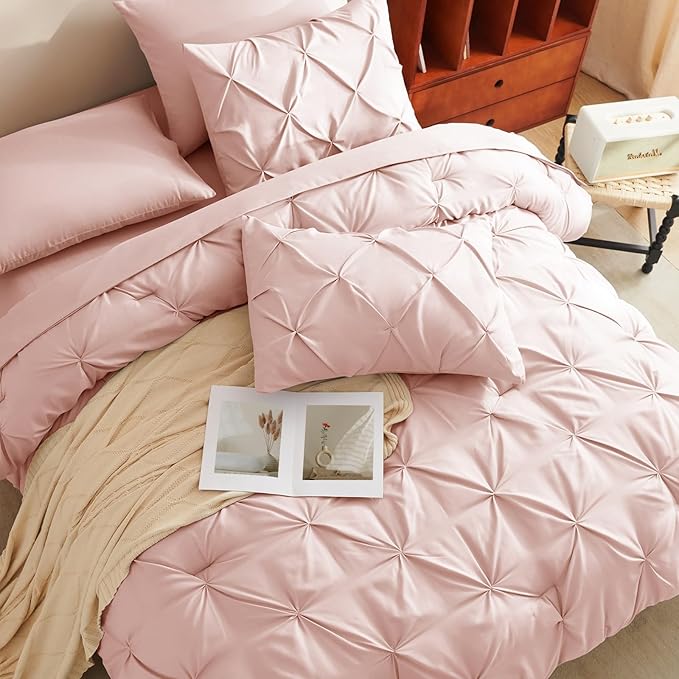 CozyLux Twin Comforter Set with Sheets Blush Pink, 5 Pieces Pintuck Bed in A Bag, Twin Bed Set Gift for Family, Pinch Pleat Bedding Set with Comforter, Sheets, Pillowcase & Sham