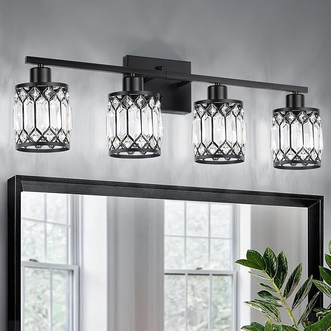 Crystal Modern Bathroom Light Fixtures, 4-Light Black Bathroom Vanity Wall Light, Vanity Lights for Mirror, Restroom, Bedroom (E26 Socket, Bulbs Not Included)