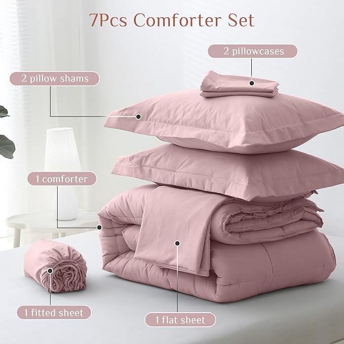 JOLLYVOGUE California King Comforter Set, Ultra-Soft Bed in a Bag Cal King Size 7 Pieces, Oeko-TEX Certified Bedding Set with Down Alternative Comforter, Sheets, Pillowcases & Shams, Camio Pink